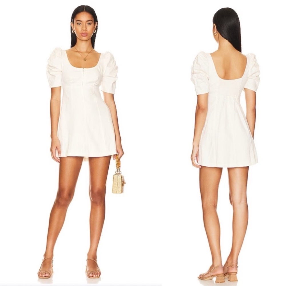 Free People Cheyenne Smocking Short Puff Sleeve Denim Mini Dress